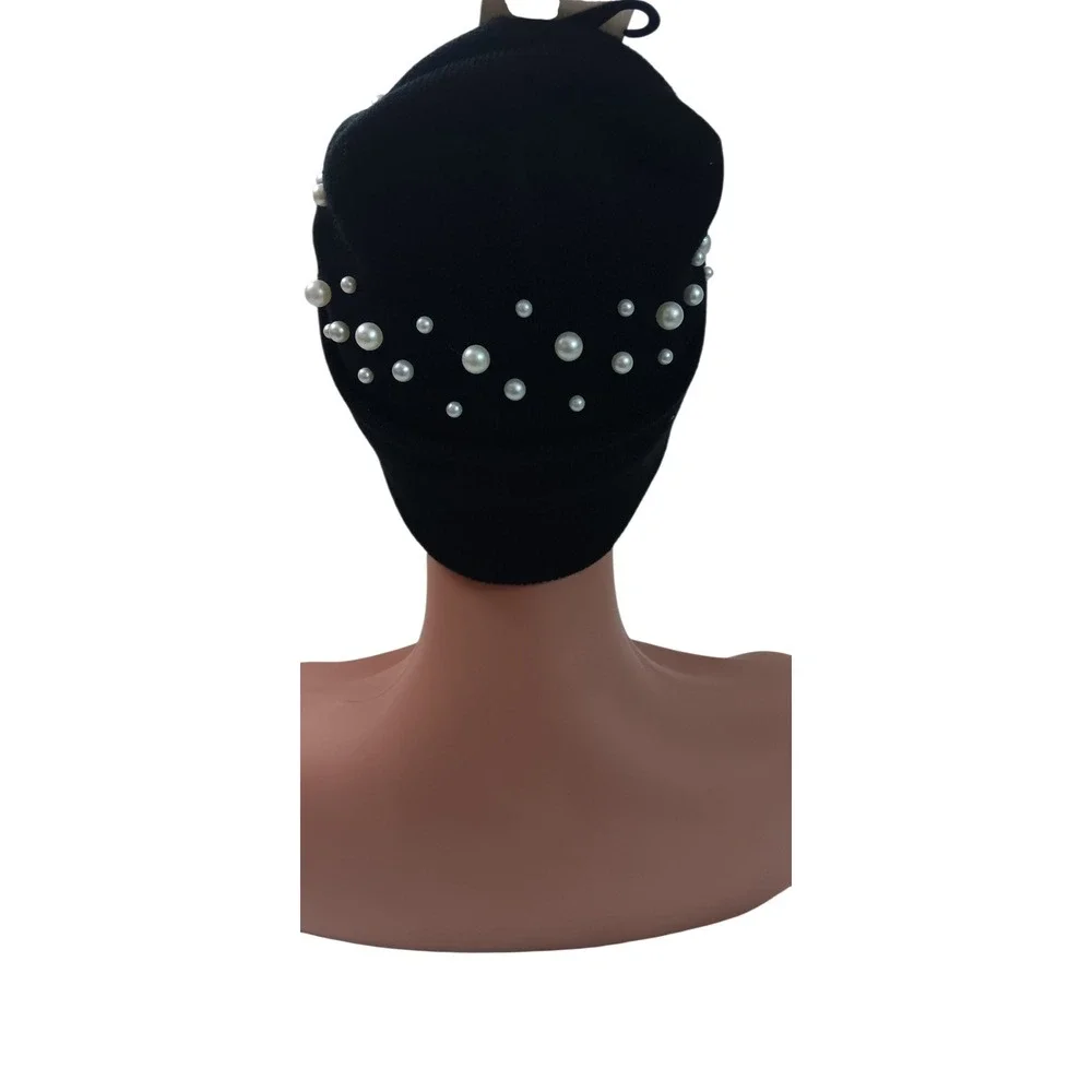 Black‎ Knit Cuffed Beanie with Faux Pearl and Flower Accents Headpiece